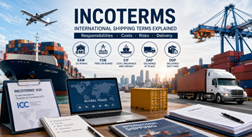 Transport internațional de marfă cu containere, camioane, nave și profesioniști în logistică explicând Incoterms pentru comerțul global